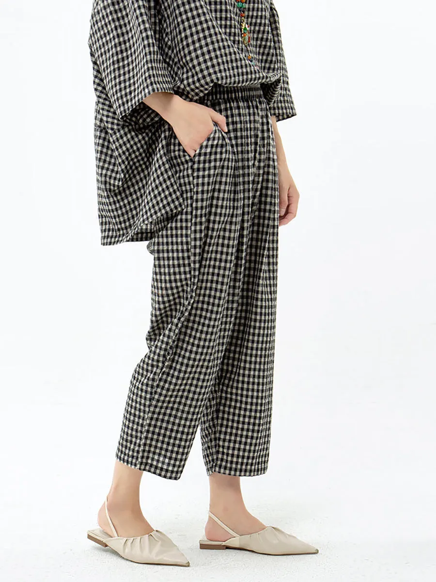 Plus Size Cotton Linen Plaid Retro Blouse And Pants
