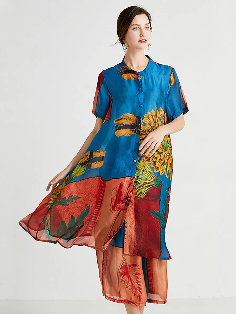 Plus Size Women Artsy Flower Spliced Long Shirt Pants