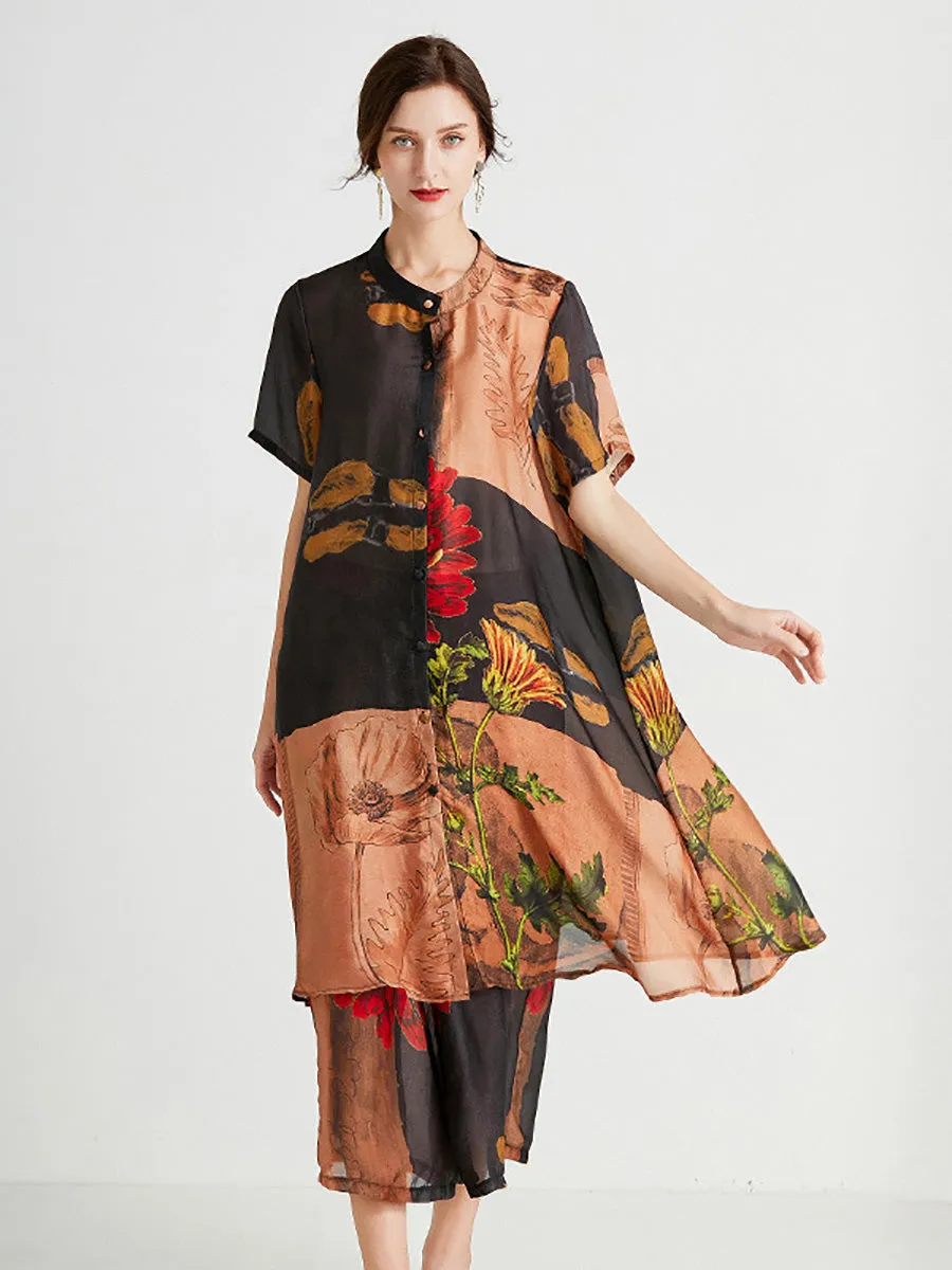 Plus Size Women Artsy Flower Spliced Long Shirt Pants