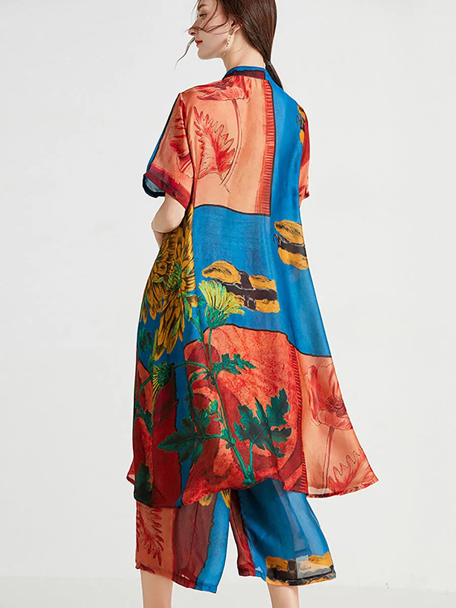 Plus Size Women Artsy Flower Spliced Long Shirt Pants