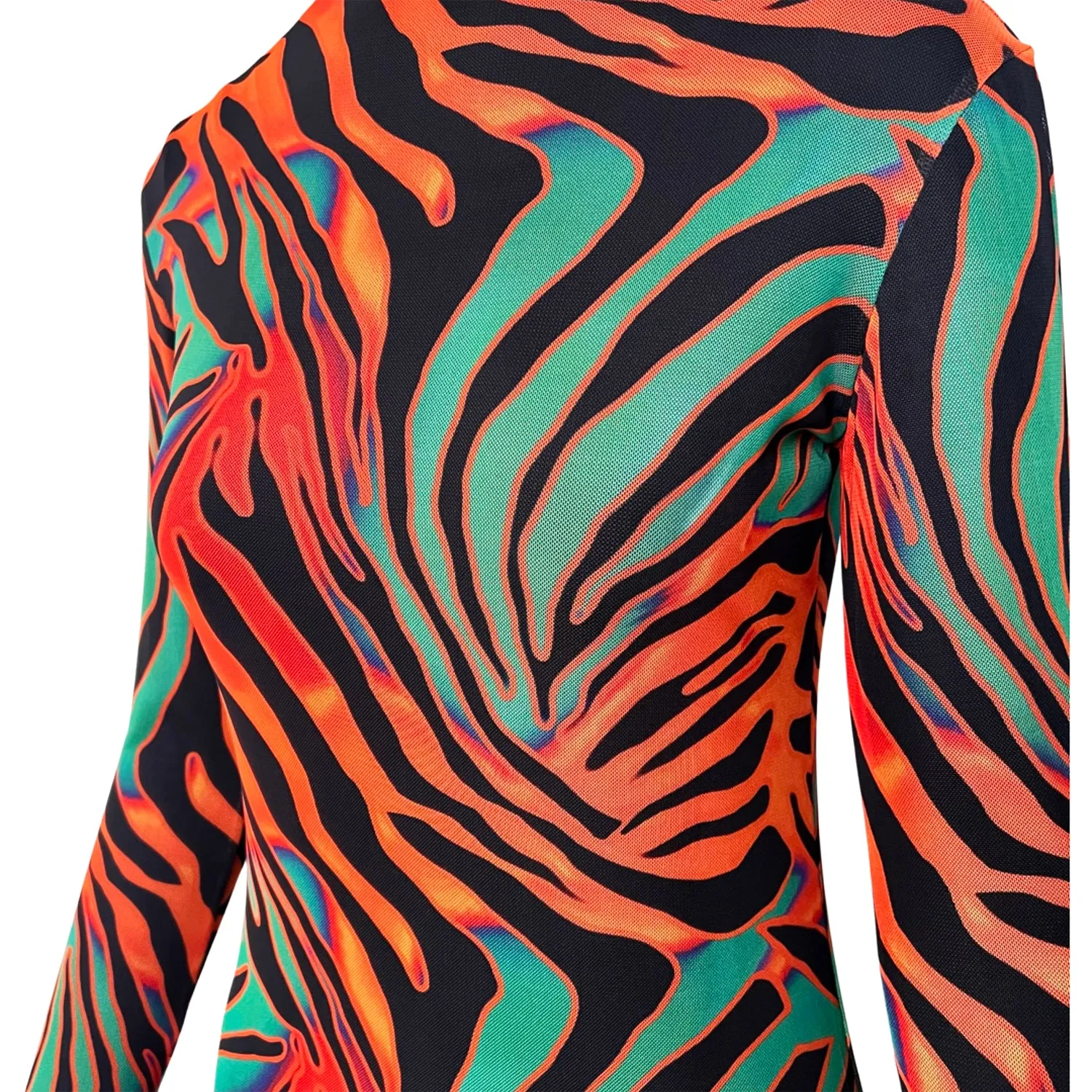 Printed Mesh Bodysuit in Orange, Green & Black