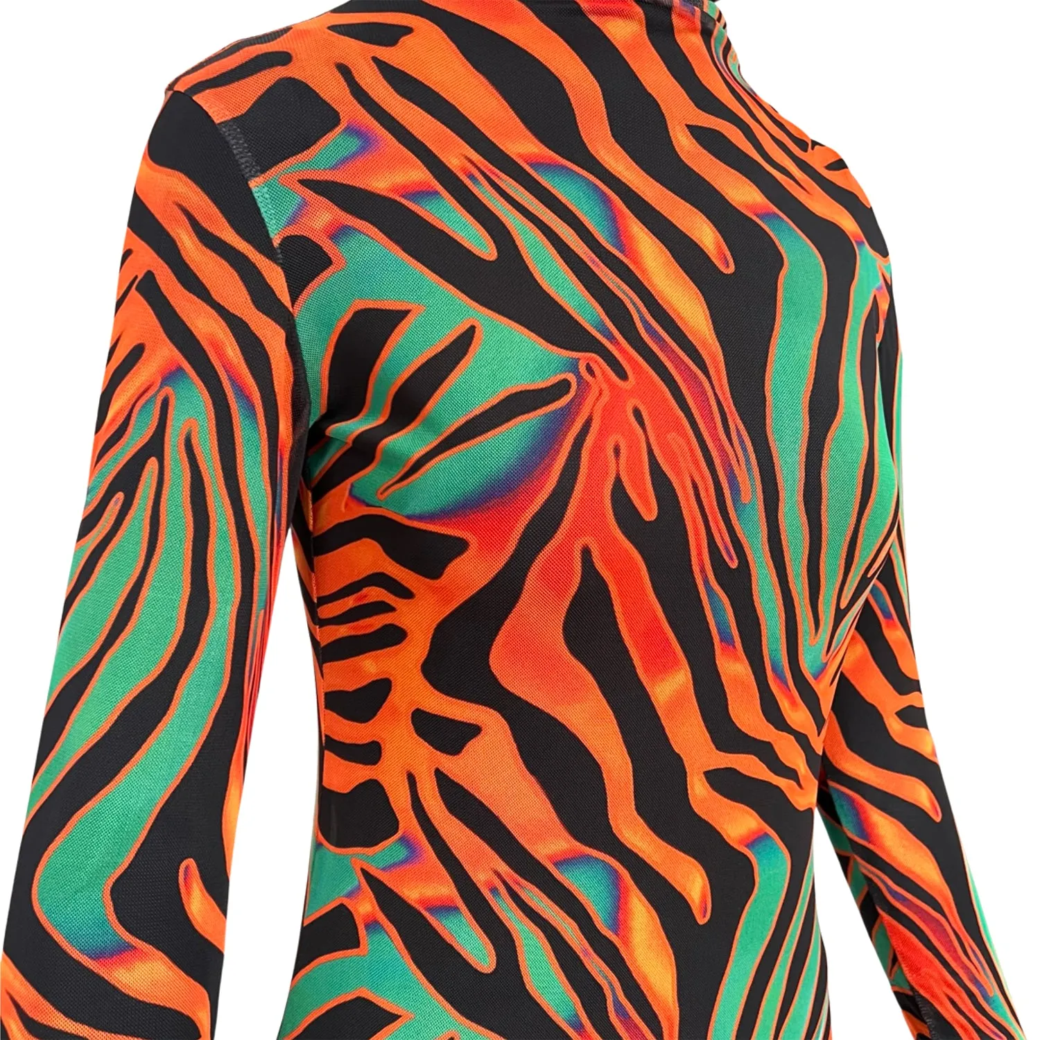 Printed Mesh Bodysuit in Orange, Green & Black