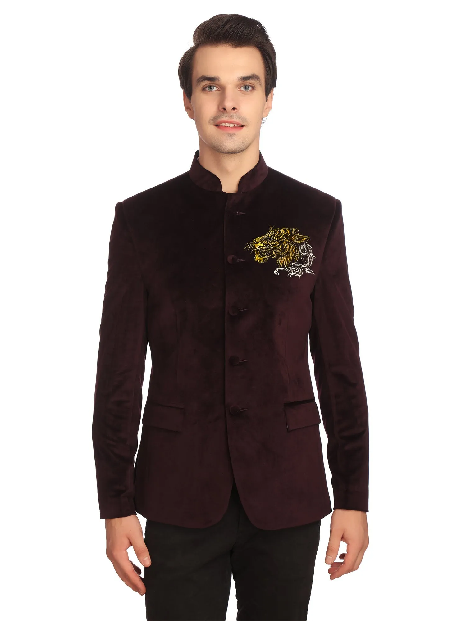 Purple Velvet Bandhgala with Gold Embroidery