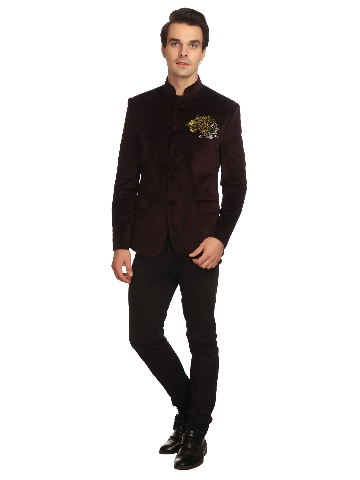 Purple Velvet Bandhgala with Gold Embroidery