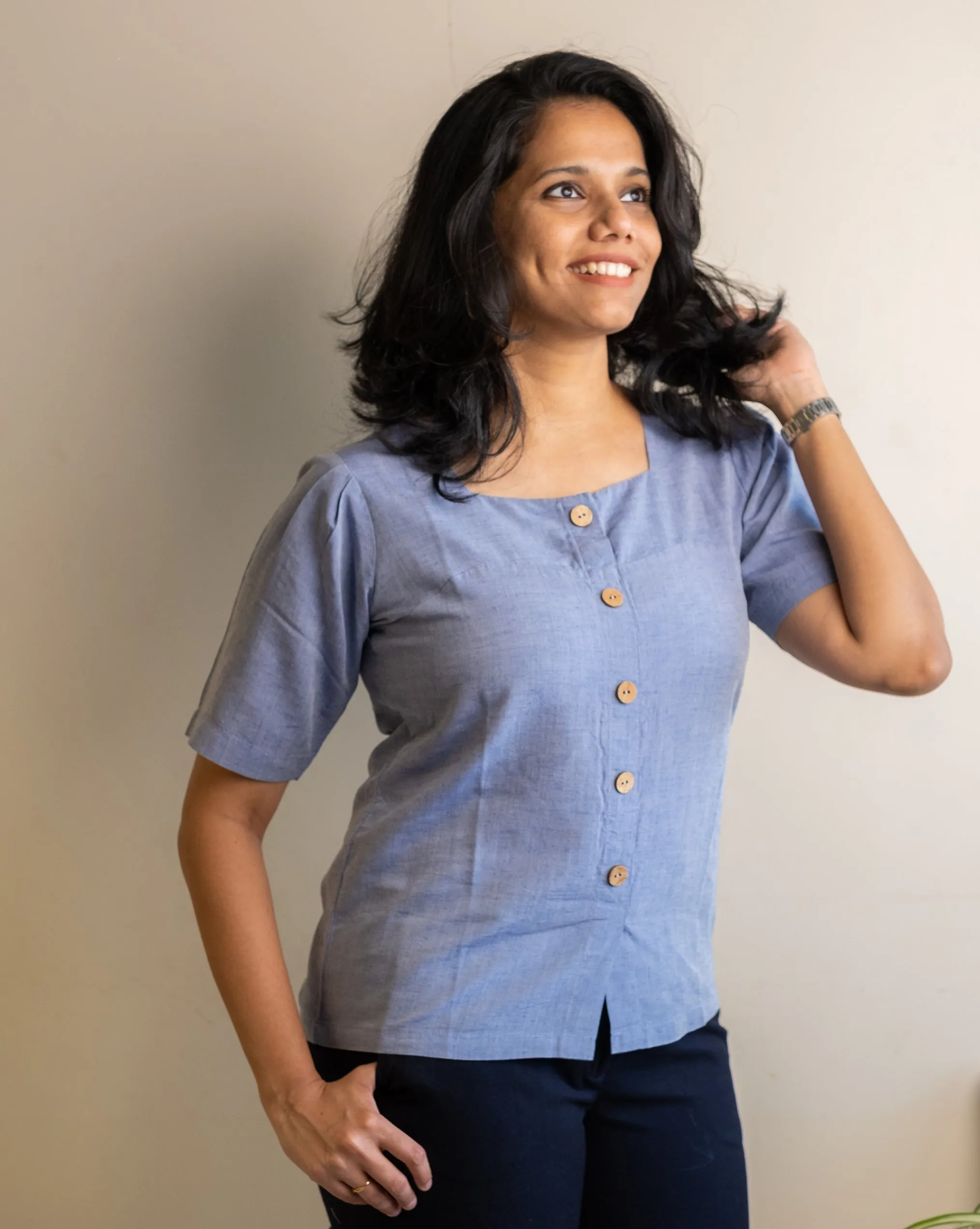 "Iris" Blue Shirt top in Linen Lyocell