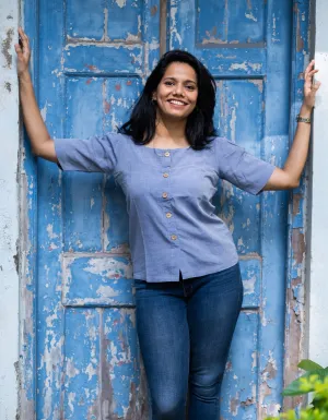 "Iris" Blue Shirt top in Linen Lyocell