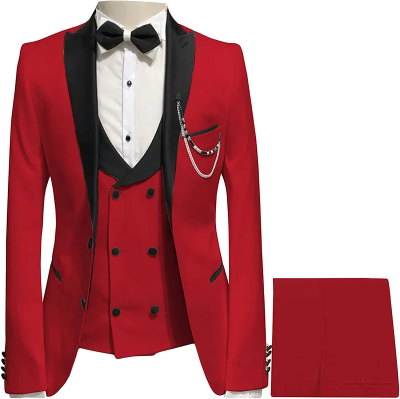 Red Peaked Lapel Three Pieces Custom Prom Suits Slim Fit Bestmen Tuxedo