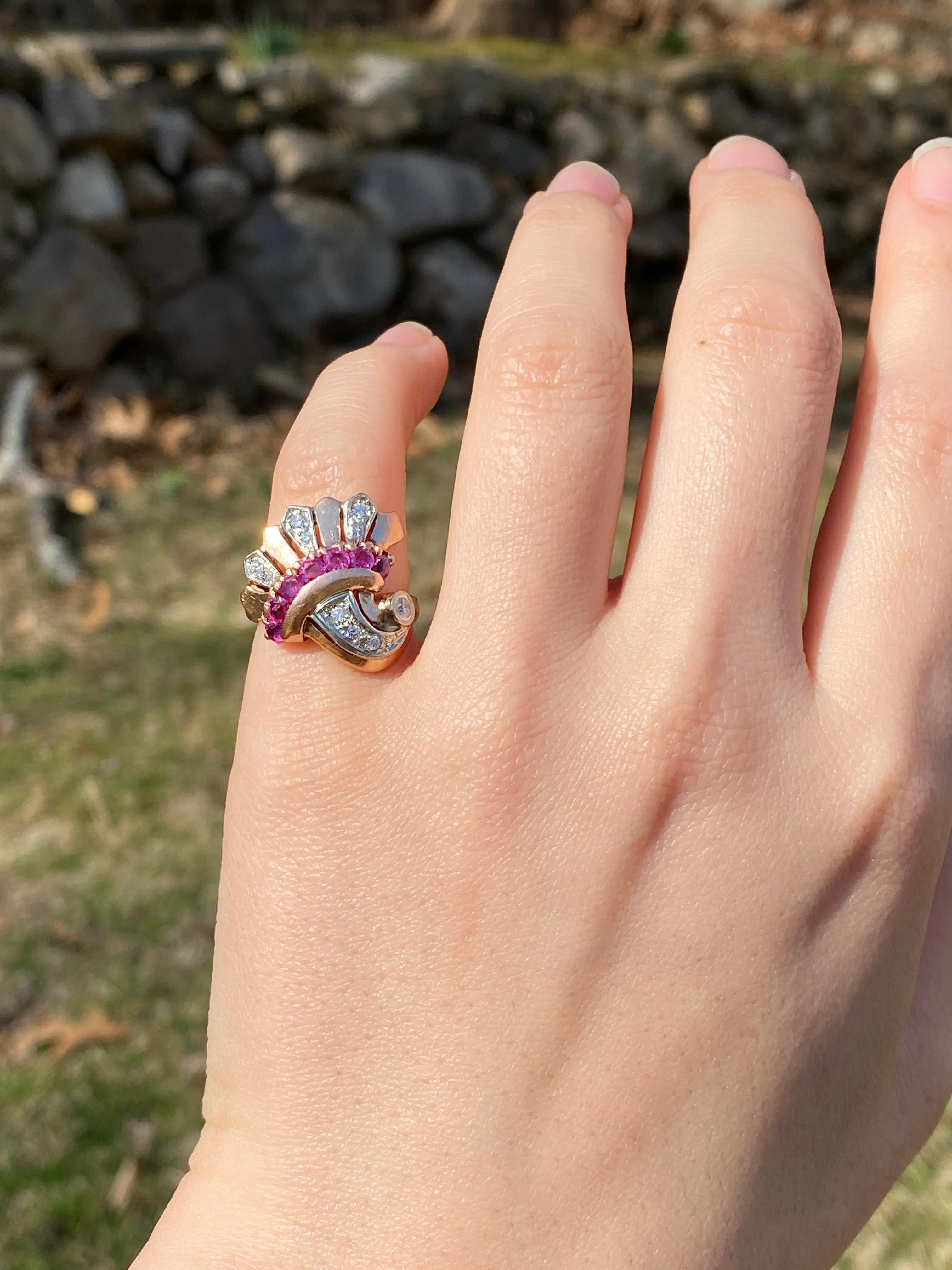 Retro 14K Gold, Diamond and Ruby Cornucopia, Fan Ring