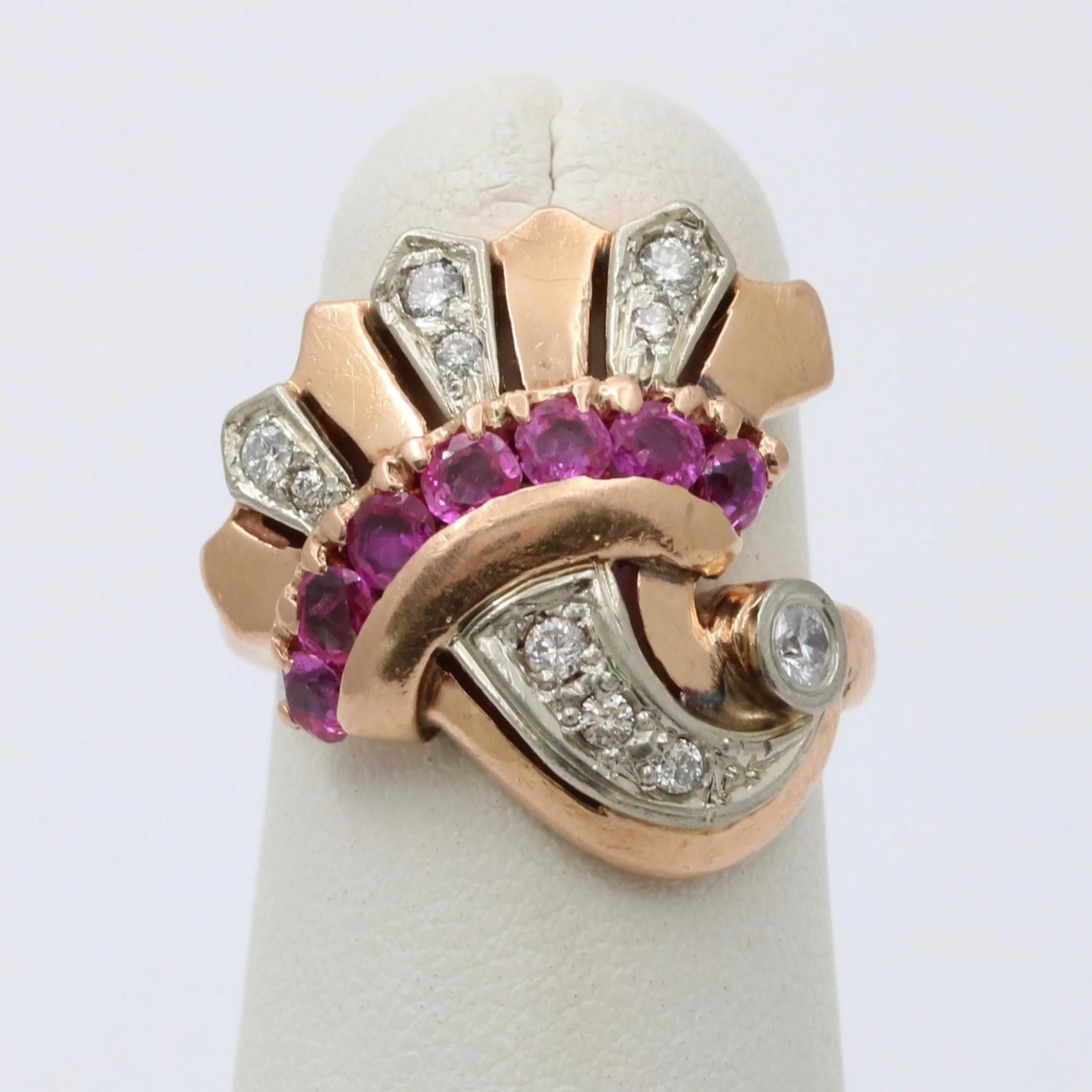 Retro 14K Gold, Diamond and Ruby Cornucopia, Fan Ring
