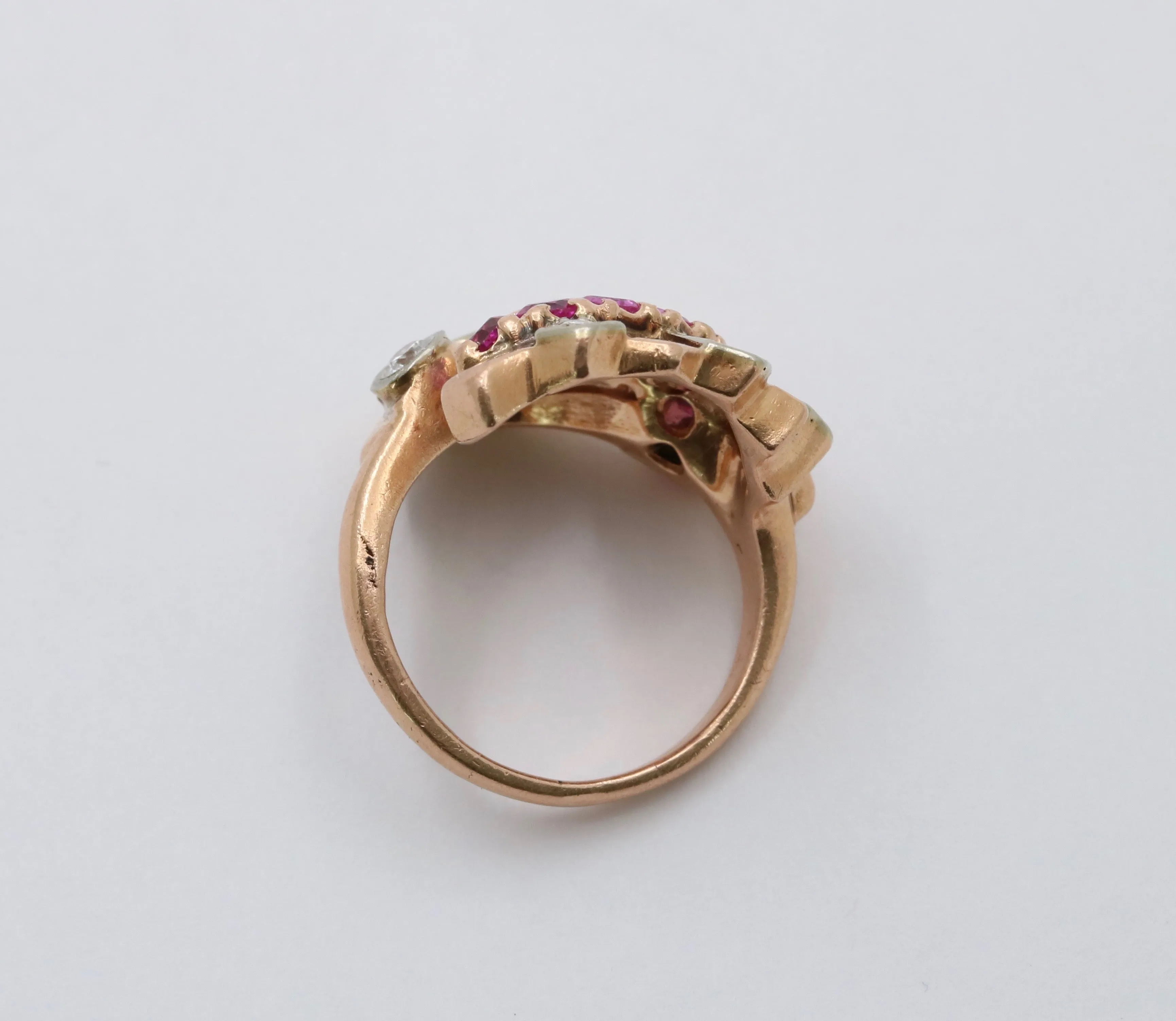 Retro 14K Gold, Diamond and Ruby Cornucopia, Fan Ring