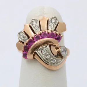 Retro 14K Gold, Diamond and Ruby Cornucopia, Fan Ring
