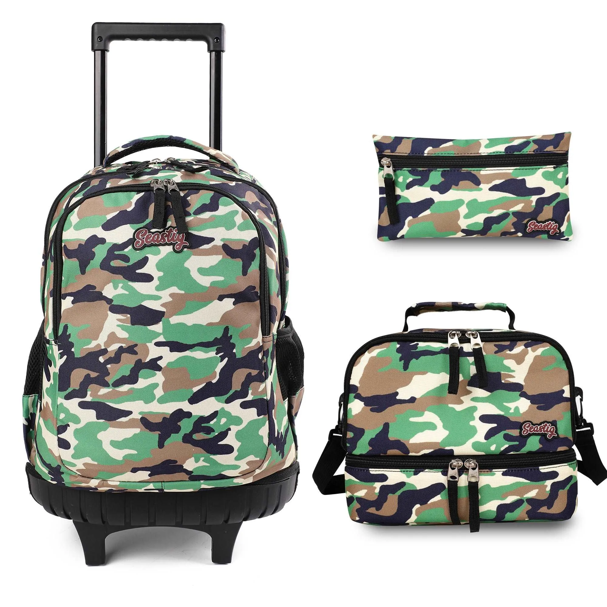 seastig Camo Rolling Backpack 18 inch with Lunch Box and Pencil Case Set