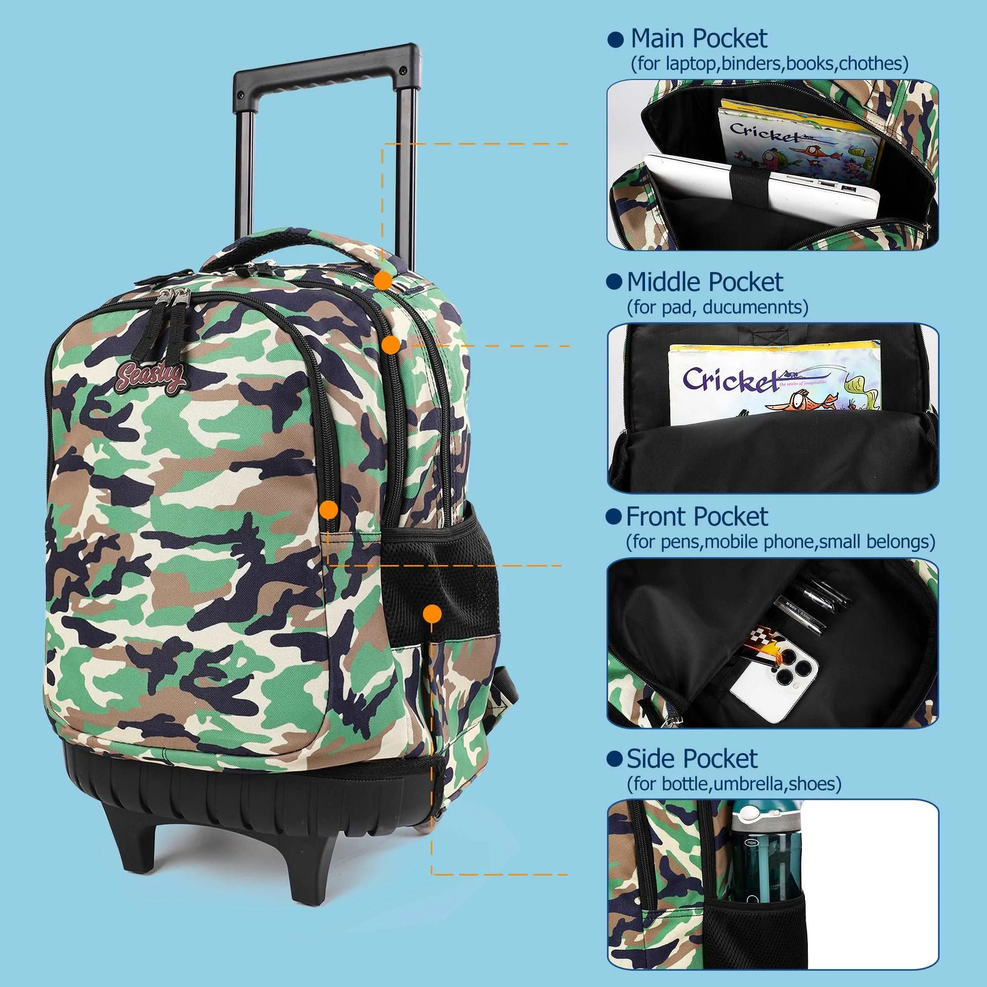 seastig Camo Rolling Backpack 18 inch with Lunch Box and Pencil Case Set