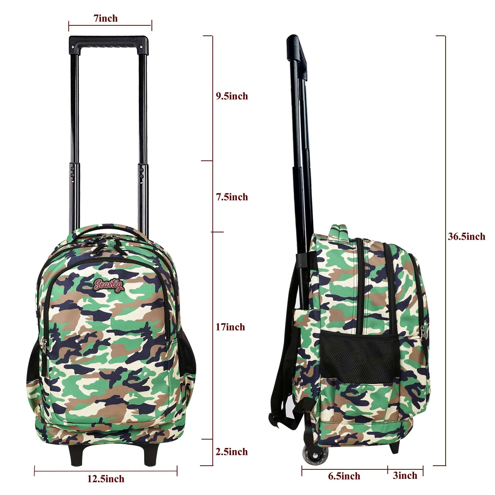 seastig Camo Rolling Backpack 18 inch with Lunch Box and Pencil Case Set
