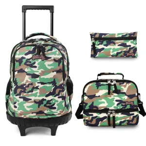 seastig Camo Rolling Backpack 18 inch with Lunch Box and Pencil Case Set