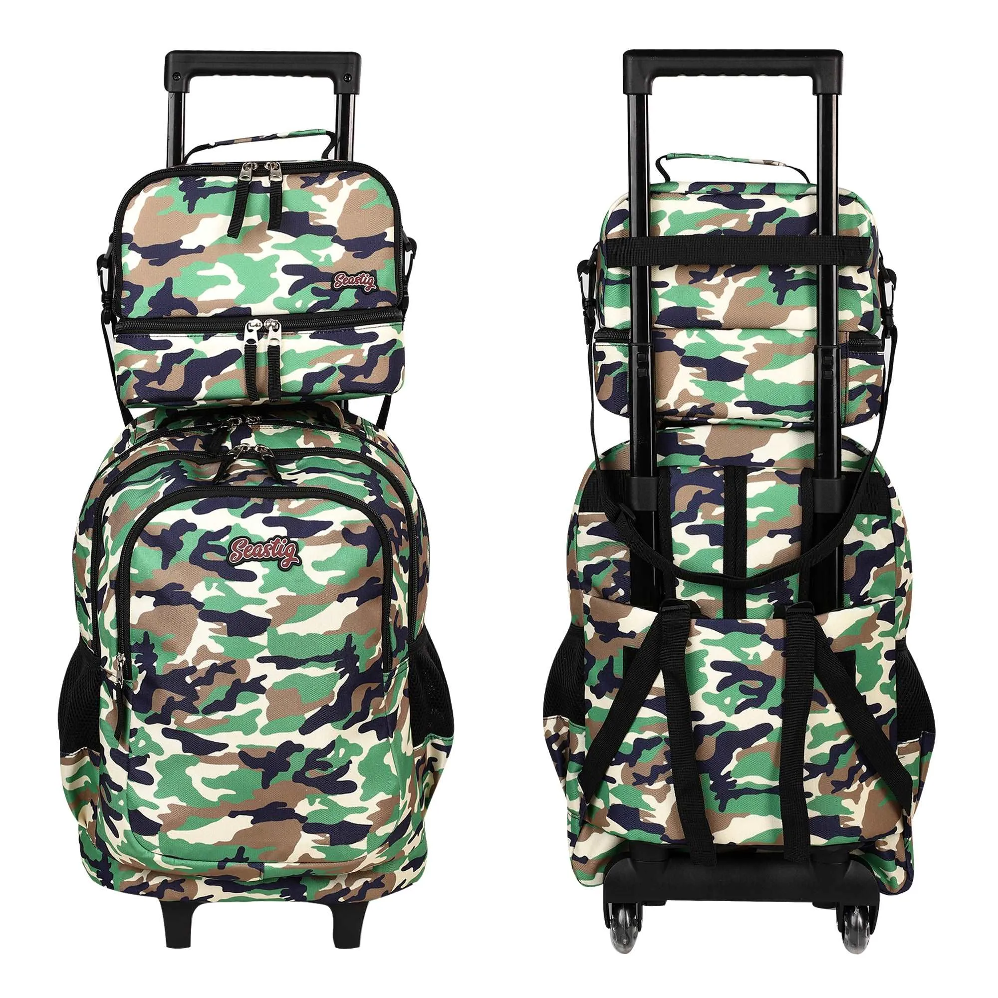 seastig Camo Rolling Backpack 18 inch with Lunch Box and Pencil Case Set