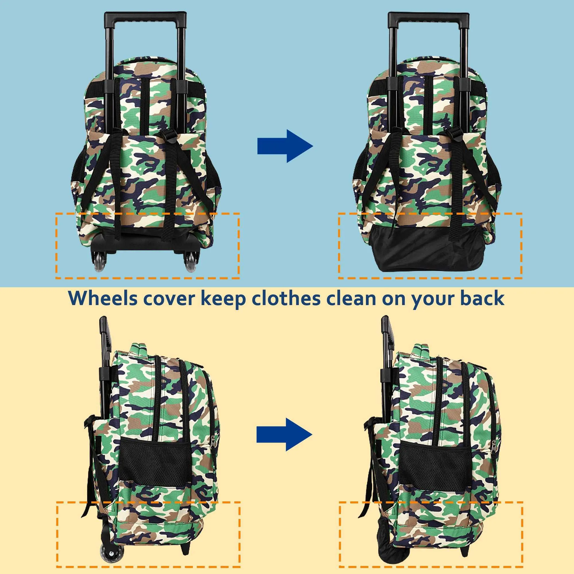 seastig Camo Rolling Backpack 18 inch with Lunch Box and Pencil Case Set