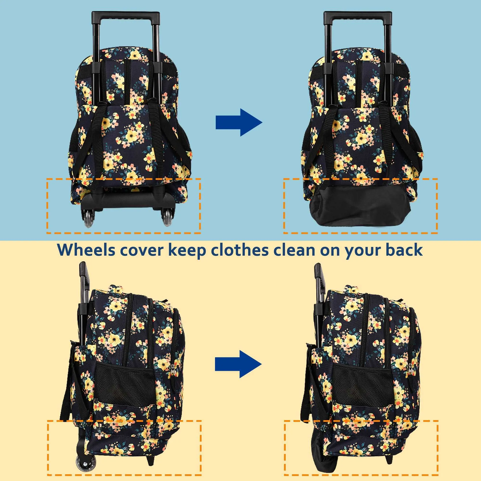 seastig Yellow Flower Rolling Backpack 18 inch Backpack with Wheels