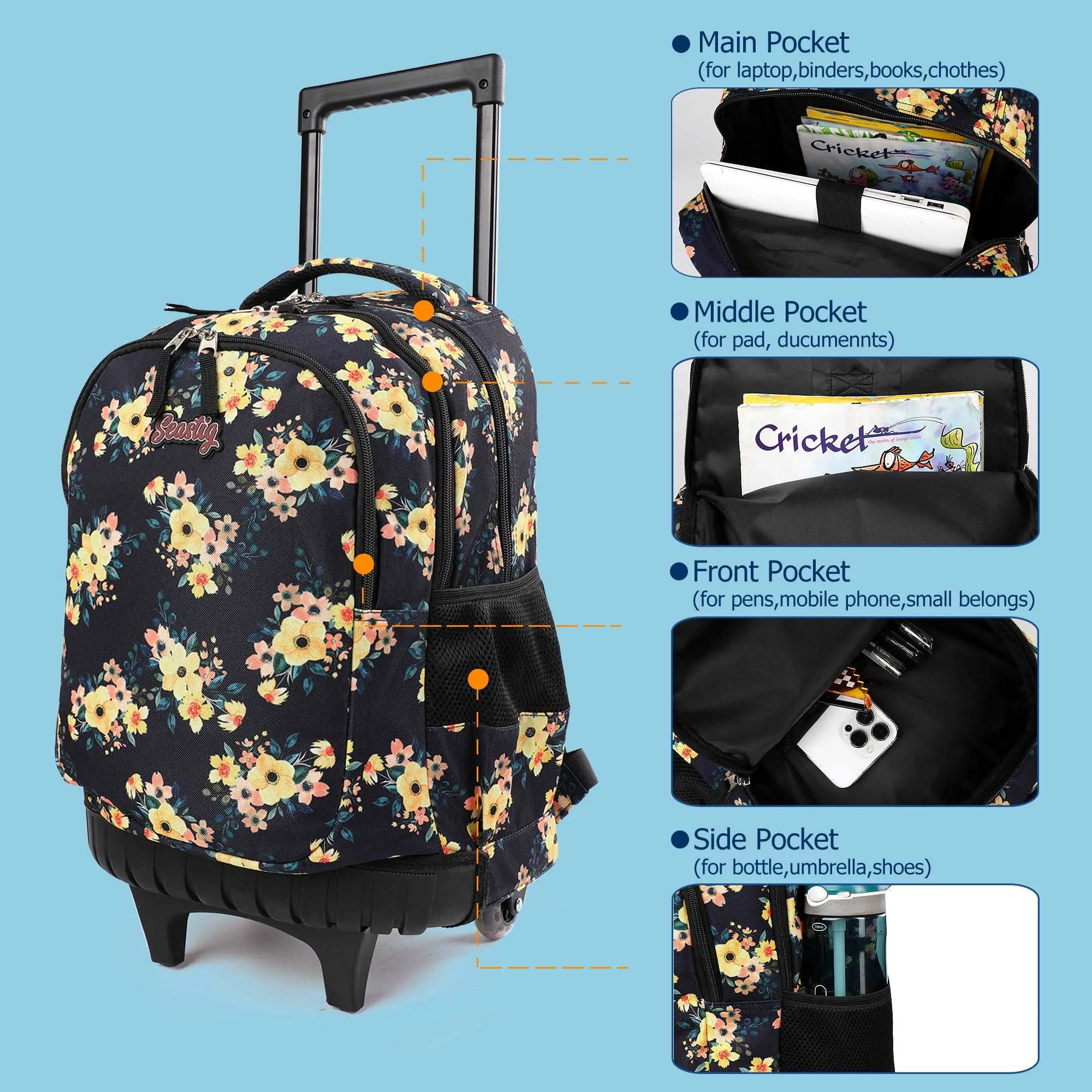 seastig Yellow Flower Rolling Backpack 18 inch Backpack with Wheels