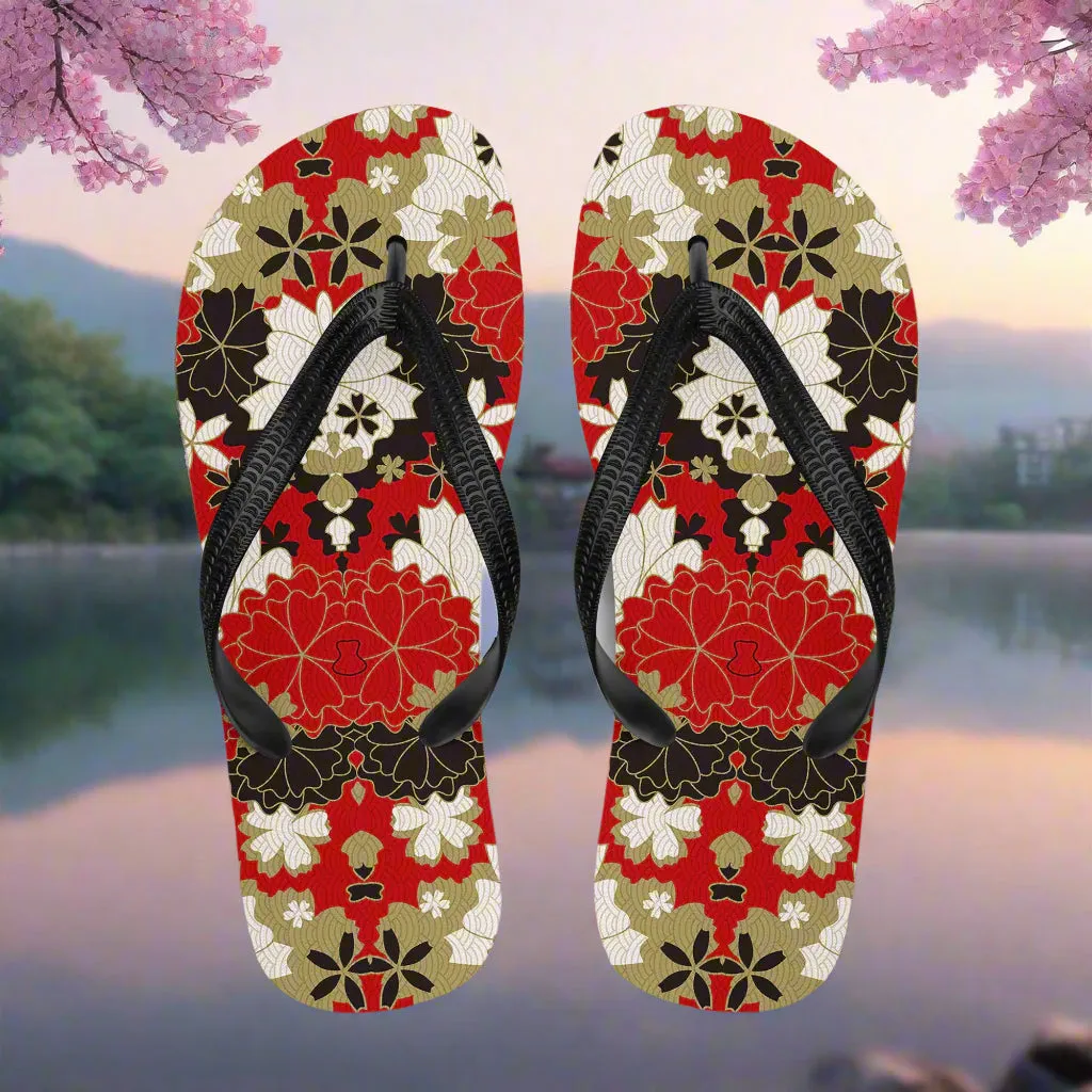 Silk Road Asian Floral Print Flip-Flops Black Lotus