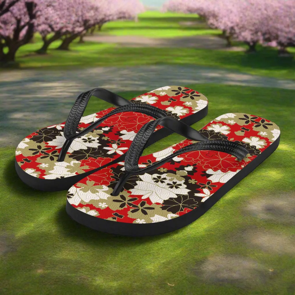 Silk Road Asian Floral Print Flip-Flops Black Lotus