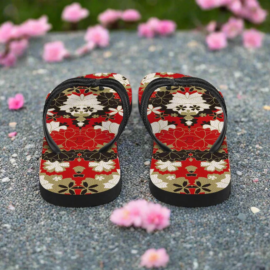 Silk Road Asian Floral Print Flip-Flops Black Lotus