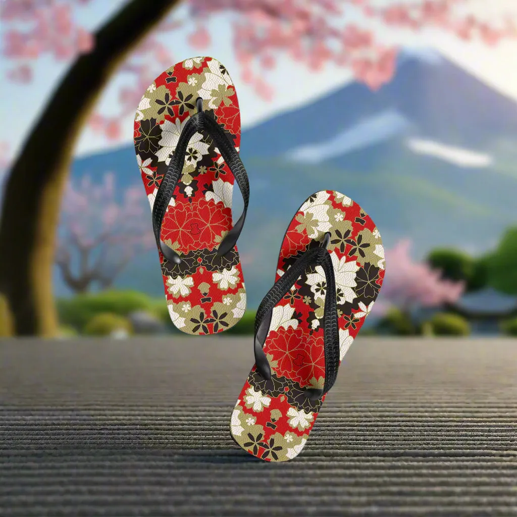 Silk Road Asian Floral Print Flip-Flops Black Lotus