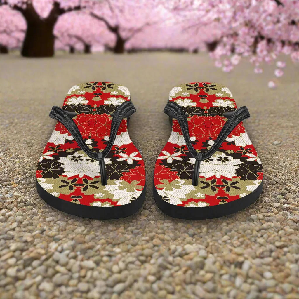 Silk Road Asian Floral Print Flip-Flops Black Lotus