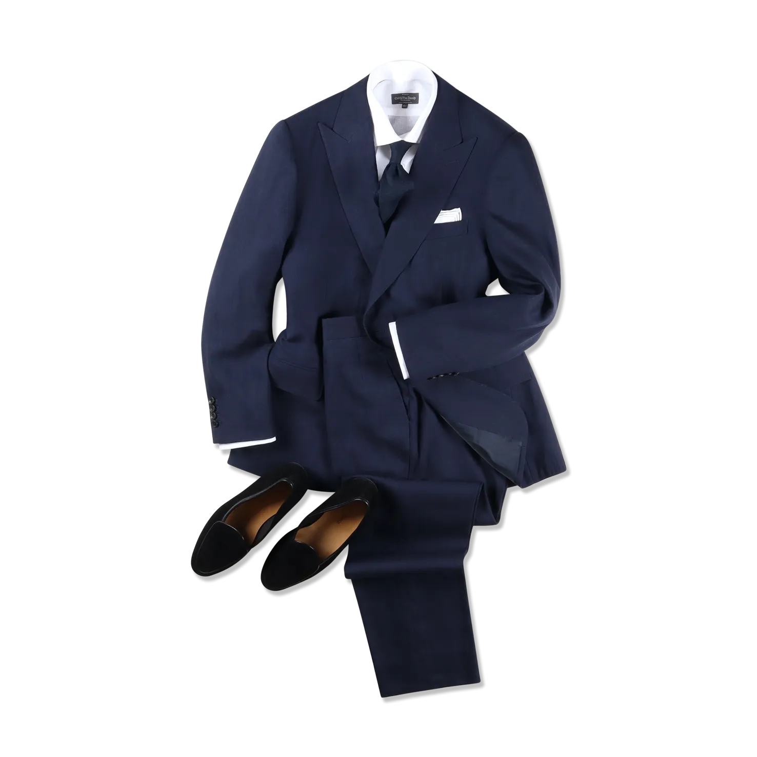 Single Breasted Peak Lapel Suit in Navy Wool Linen
