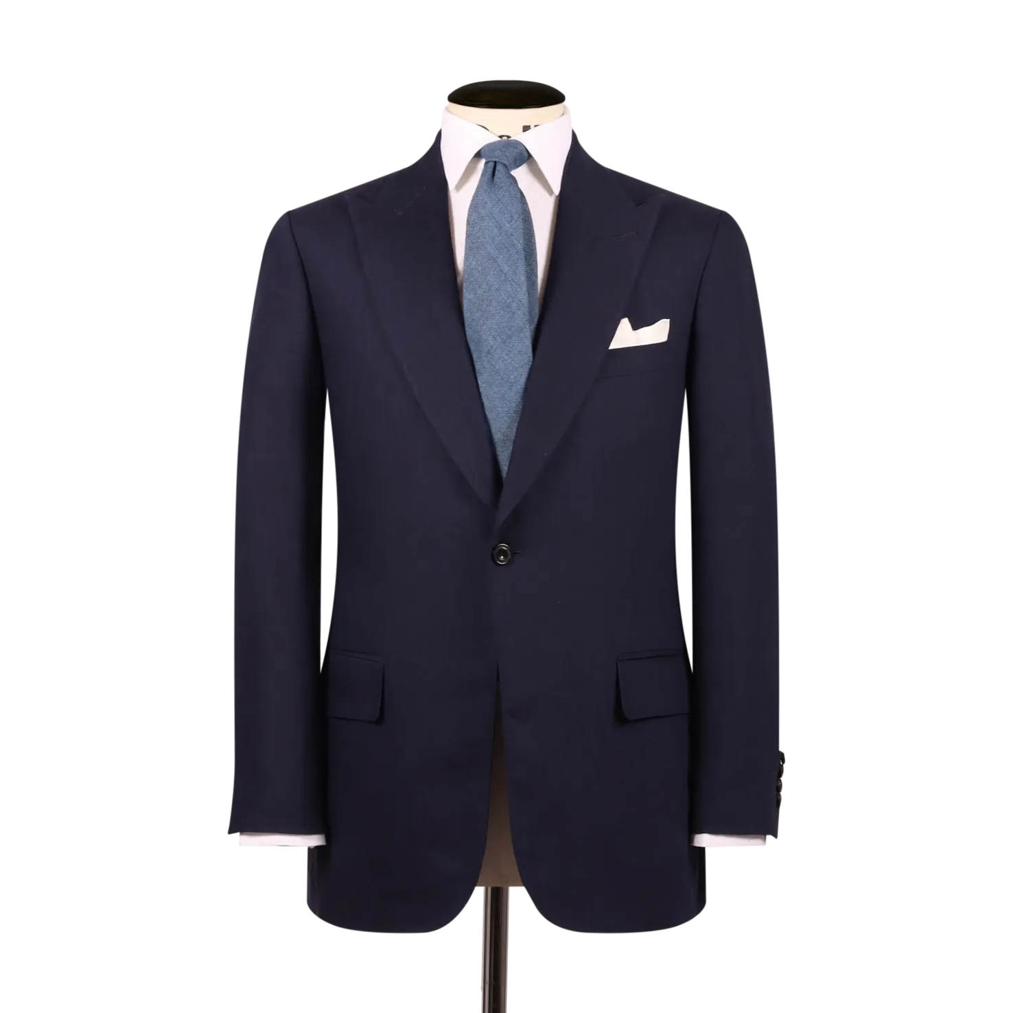 Single Breasted Peak Lapel Suit in Navy Wool Linen
