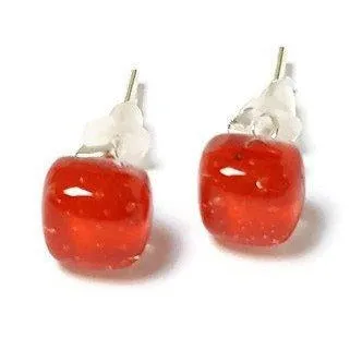 Small Post red Earrings. Fused Glass Studs. Recycled Glass jewelry. Stud earrings