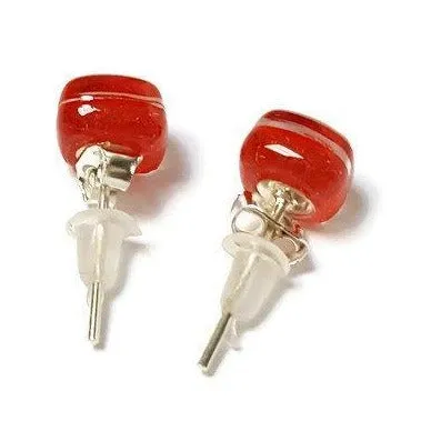 Small Post red Earrings. Fused Glass Studs. Recycled Glass jewelry. Stud earrings