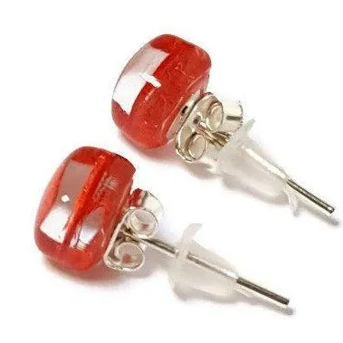 Small Post red Earrings. Fused Glass Studs. Recycled Glass jewelry. Stud earrings