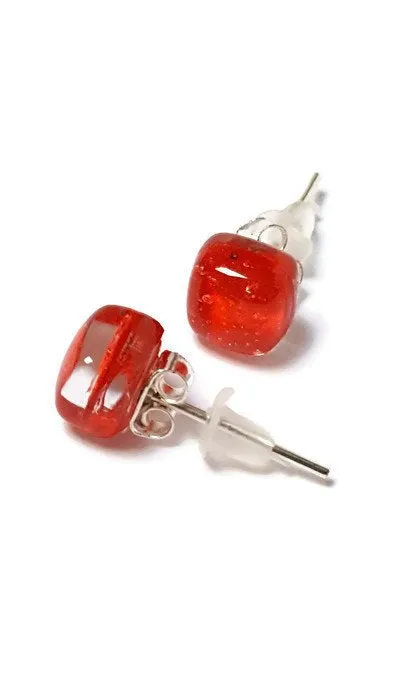 Small Post red Earrings. Fused Glass Studs. Recycled Glass jewelry. Stud earrings