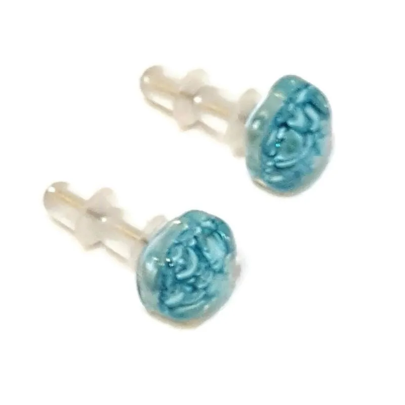 Small Post Turquoise Earrings. Fused Glass Studs. Recycled Glass jewelry. Stud earrings
