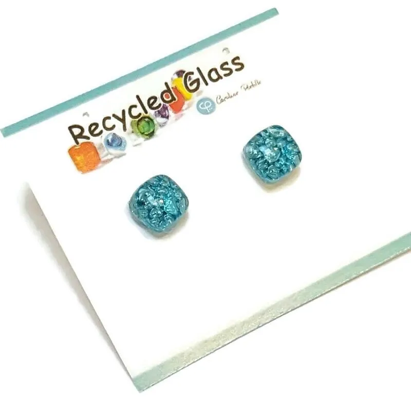 Small Post Turquoise Earrings. Fused Glass Studs. Recycled Glass jewelry. Stud earrings