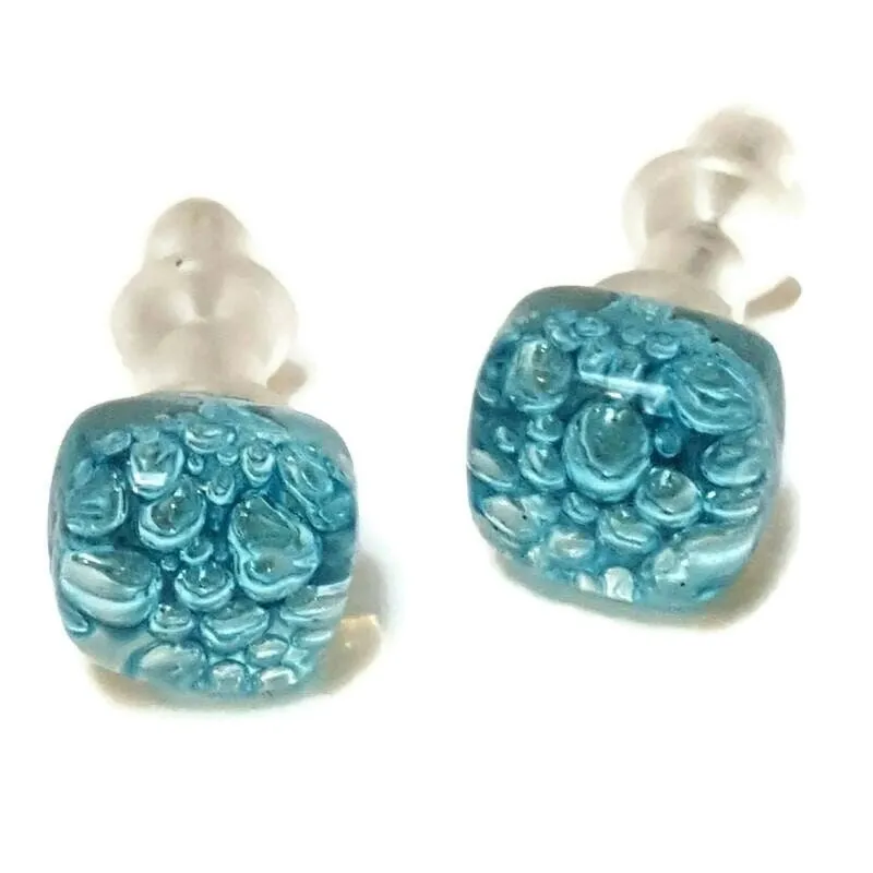 Small Post Turquoise Earrings. Fused Glass Studs. Recycled Glass jewelry. Stud earrings