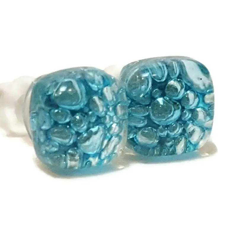 Small Post Turquoise Earrings. Fused Glass Studs. Recycled Glass jewelry. Stud earrings
