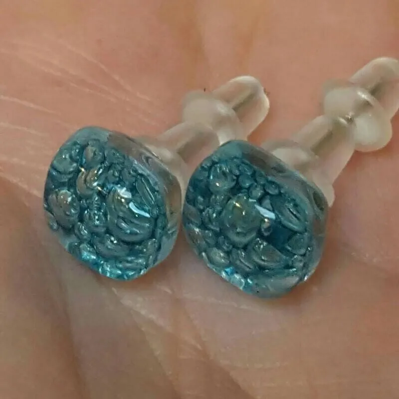 Small Post Turquoise Earrings. Fused Glass Studs. Recycled Glass jewelry. Stud earrings