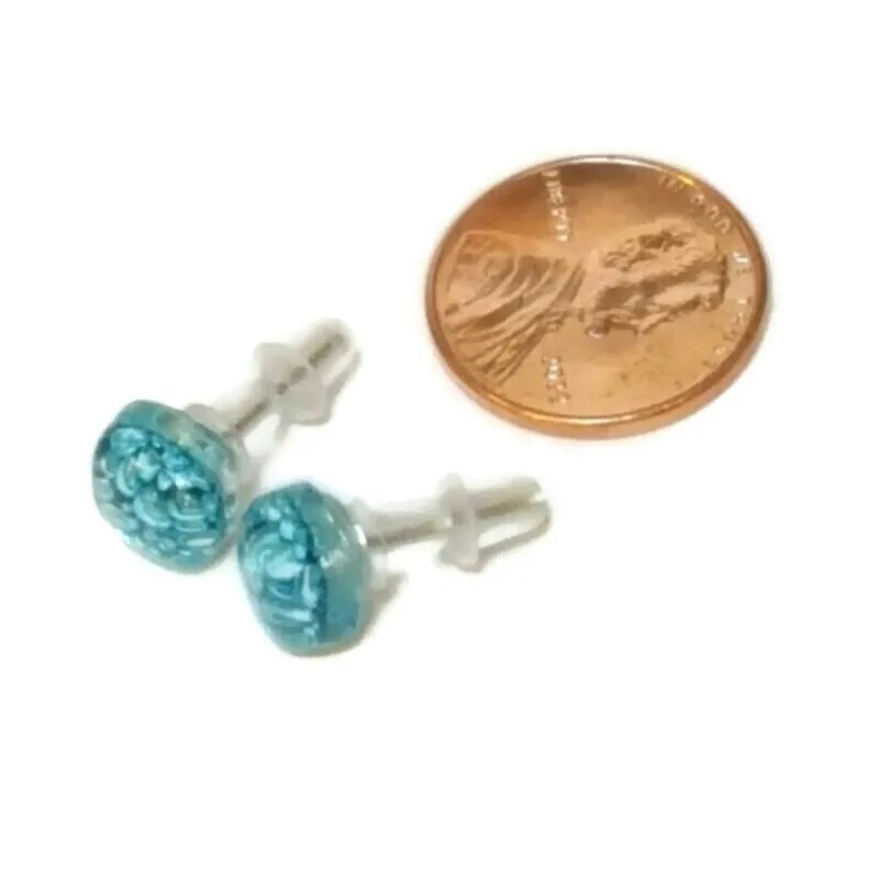Small Post Turquoise Earrings. Fused Glass Studs. Recycled Glass jewelry. Stud earrings