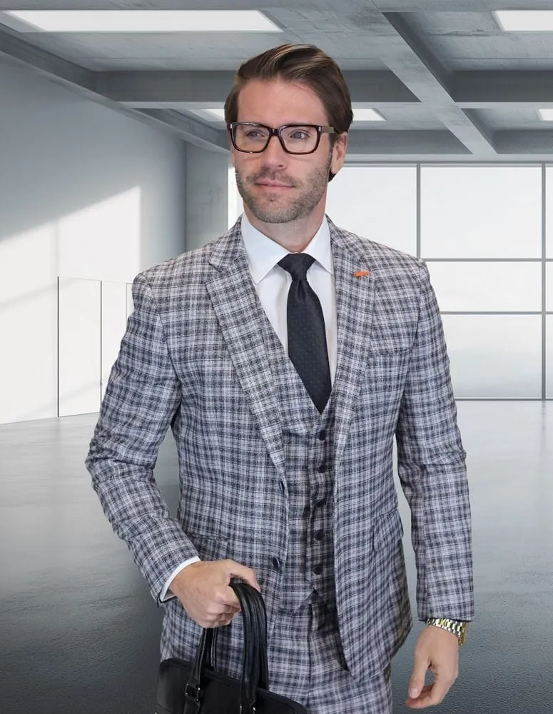 Statement Men's 3-Piece Modern Fit Suit – 100% Wool with Classic Plaid Pattern