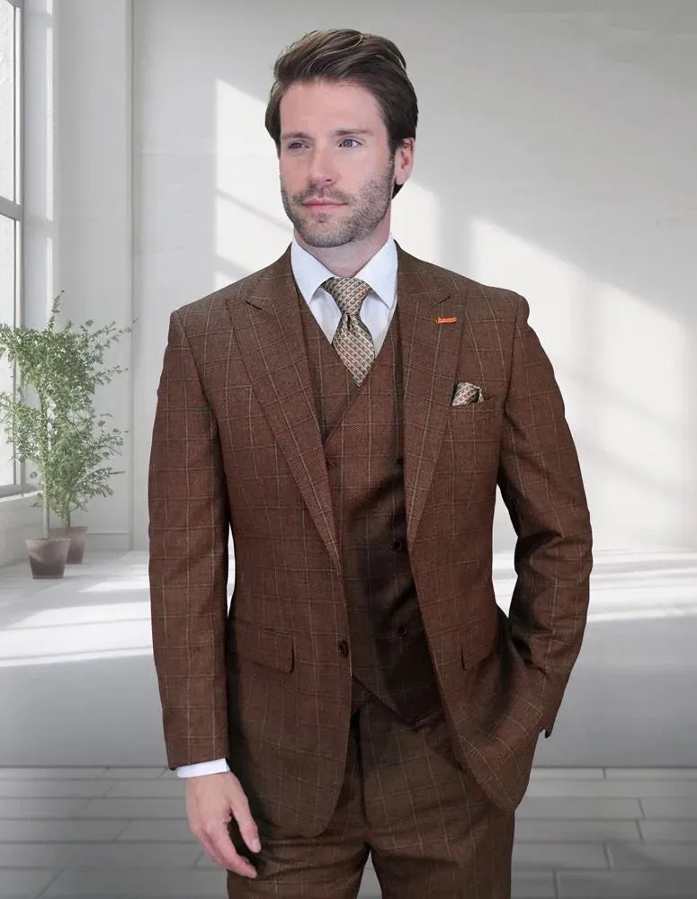 Statement Men's 3-Piece Modern Fit Suit – 100% Wool with V-Neck Double-Breasted Vest