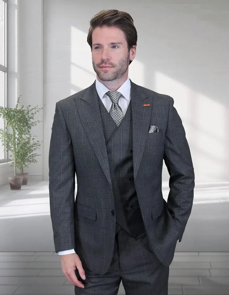 Statement Men's 3-Piece Modern Fit Suit – 100% Wool with V-Neck Double-Breasted Vest