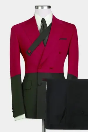 Stylish Burgundy Peaked Lapel Double Breasted Prom Suit