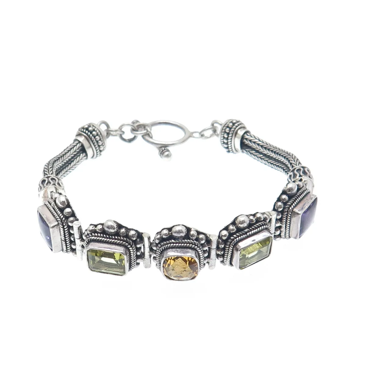 SUARTI BALI 925 Sterling Vintage Amethyst Citrine & Lime Citrine Bracelet 7.25"