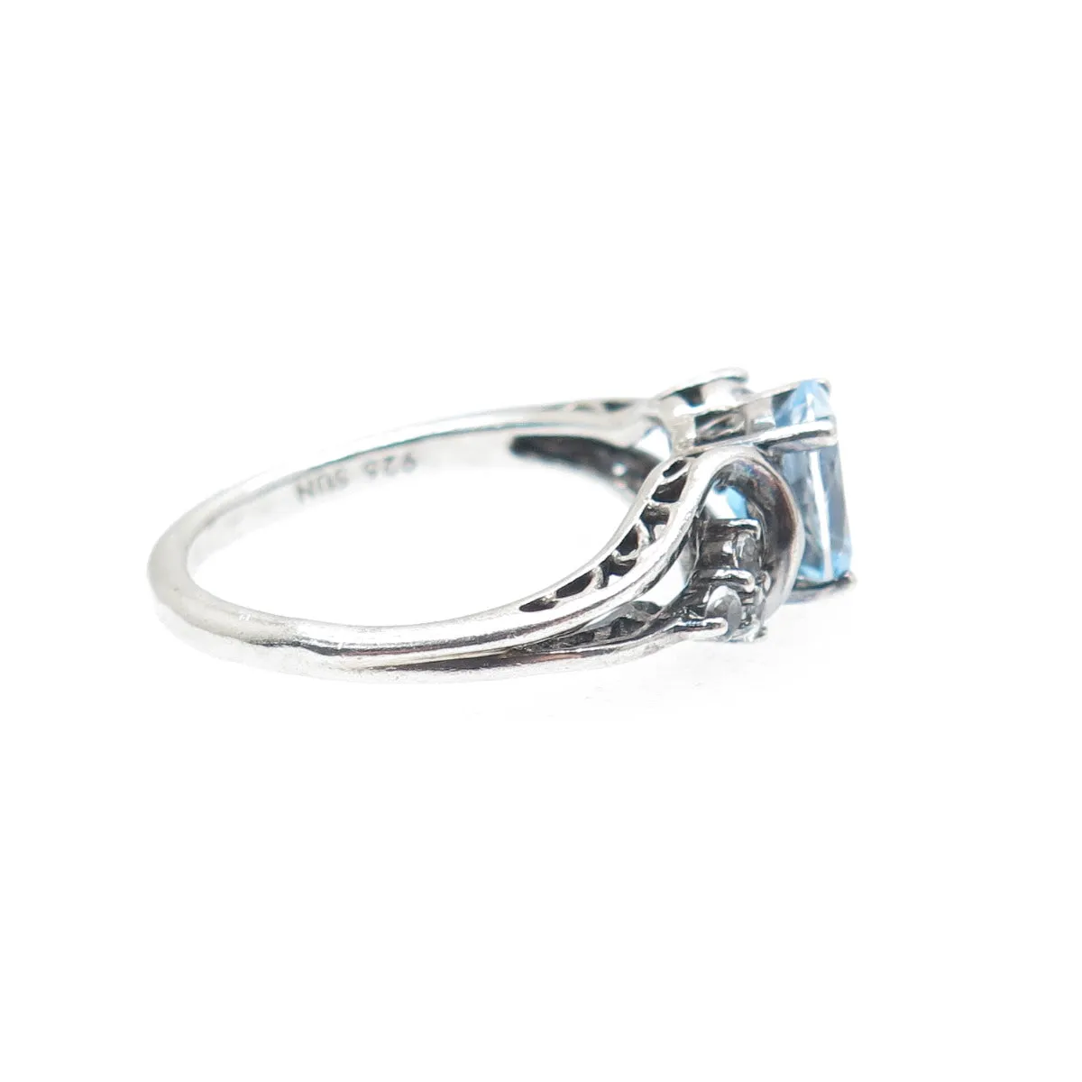 SUN 925 Sterling Silver Vintage Real Blue & White Topaz Oxidized Ring Size 7.75
