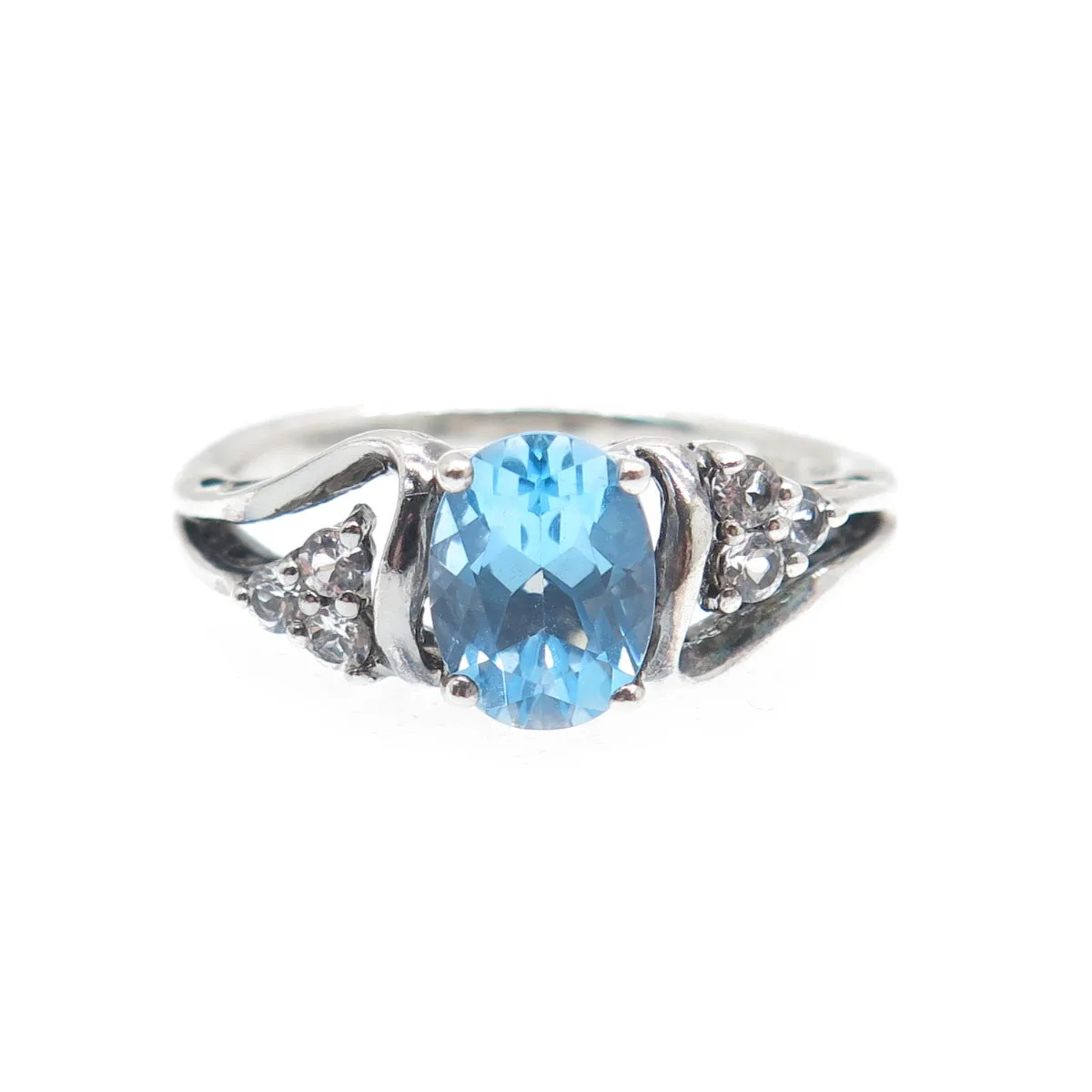 SUN 925 Sterling Silver Vintage Real Blue & White Topaz Oxidized Ring Size 7.75