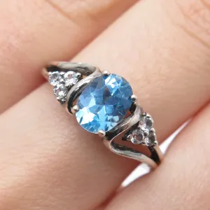 SUN 925 Sterling Silver Vintage Real Blue & White Topaz Oxidized Ring Size 7.75