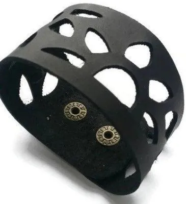 Sunflower Leather Band. Reclaimed Leather Wrist Cuff. Black  Bracelet