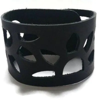 Sunflower Leather Band. Reclaimed Leather Wrist Cuff. Black  Bracelet